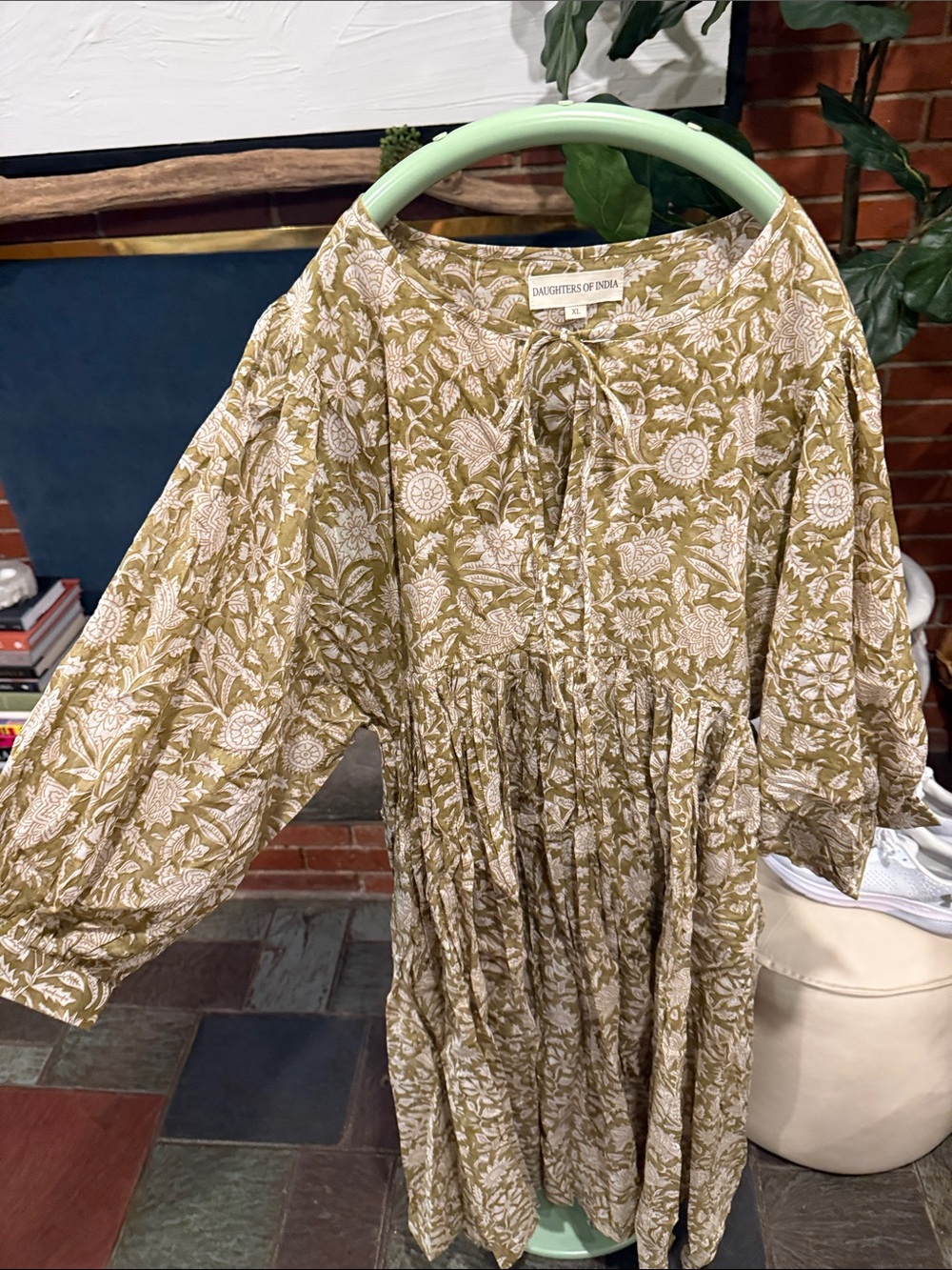 Daughters of India Olive Green & White Floral Cotton Midi Dress